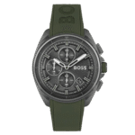 Original BOSS Volane Men’s Chronograph Stainless Steel and Silicone Strap Green Watch 1513952 44mm