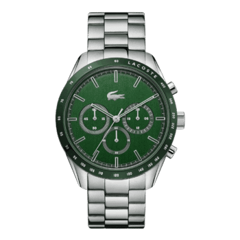 Original Lacoste Boston Men’s Watch Quartz Chronograph Stainless Steel Case With Silver Bracelet with Green Dial Model: 2011080