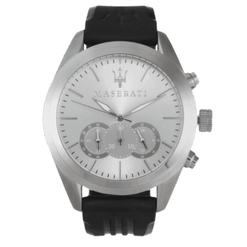 Original Maserati Traguardo Chronograph Silver Men’s Watch, White Dial, Black Rubber Strap R8871612012