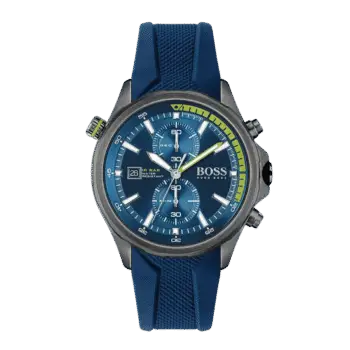 Original Boss GLOBETROTTER 1513821 Mens Chronograph, Blue Rubber Strap 46mm