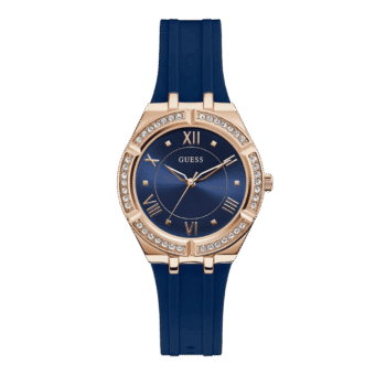 Original GUESS – GW0034L4 – WATCH FOR LADIES ROSE GOLD WITH CRYSTALS & BLUE SILICONE STRAP ROMAN NUMBERS – 36mm