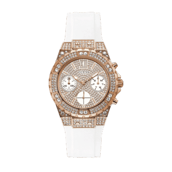 Original GUESS – GW0038L2 – WATCH FOR LADIES ROSE ROSE GOLD WITH CRYSTALS – WHITE SILICONE STRAP – MULTI FUNCTIONS DAY DATE & 24 HOURS – 39mm