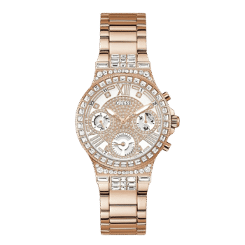 Original GUESS GW0320L3 Ladies Sport Multifunction Glitz with Crystals 36mm Watch – Pink Dial Rose Gold-Tone Stainless Steel Case & Bracelet