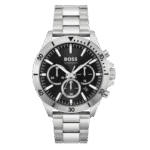 Original HUGO BOSS TROPER MEN’s BLACK DIAL, STAINLESS STEEL WATCH – 1514057, Silver/Black – 44mm
