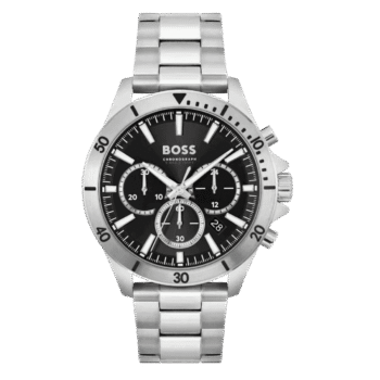 Original HUGO BOSS TROPER MEN’s BLACK DIAL, STAINLESS STEEL WATCH – 1514057, Silver/Black – 44mm