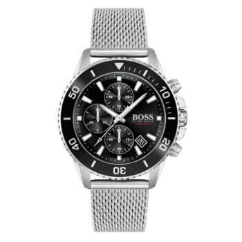 Original Hugo Boss Chronograph Quartz Watch for Men with Silver Stainless Steel mesh Bracelet – 1513904 – 46mm