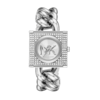 Original Michael Kors MK Chain Lock Women’s Watch MK4718, Stainless Steel and Pavé Crystal Watch for Women, Silver, 25mm