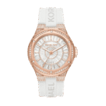 Original Michael Kors Women’s Lennox Stainless Steel Quartz Watch with White Silicone Strap, White Dial, (Model: MK7248)