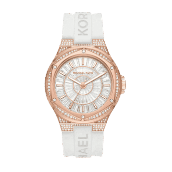 Original Michael Kors Women’s Lennox Stainless Steel Quartz Watch with White Silicone Strap, White Dial, (Model: MK7248)