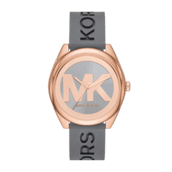 Original NEW Michael Kors Jan Rose Gold Tone MK Logo Watch Grey Silicone Band MK7314- 42mm