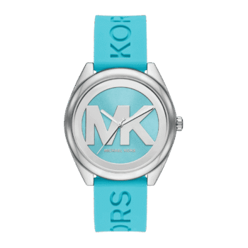 Original NEW Michael Kors Janelle Turquoise Blue Silver Silicone Watch MK7350 NWT + Box – 42mm