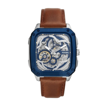 Fossil Inscription Automatic Skeleton Watch - Blue Dial with Brown Leather Strap (Model BQ2571)