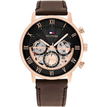 Tommy Hilfiger Legend Men’s Watch 1710566 – Black Dial, Brown Leather Strap, Rose Gold Case