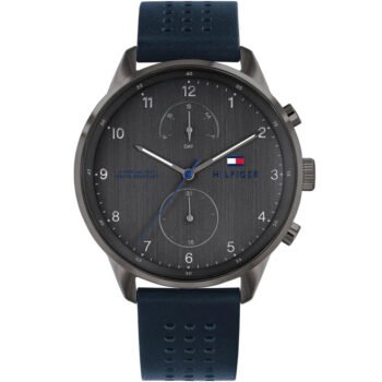 Tommy Hilfiger Chase Men’s Watch 1791578 – Gray Dial, Blue Genuine Leather Strap, Multifunction Quartz, 44mm