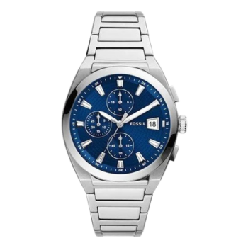 Fossil Everett FS5795 Men's Watch - Blue Dial Chronograph, Silver Stainless Steel Bracelet, Quartz, 42mm, 50M Water Resistant