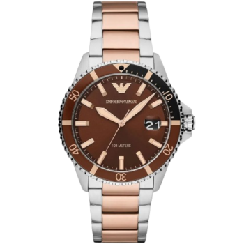Emporio Armani Diver AR11340 Men's Watch - Brown Dial Two-Tone Stainless Steel Sport Luxury Watch