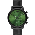 Emporio Armani AR11470 Luigi Men's Chronograph Watch - Green Dial, Black Stainless Steel Strap, 46mm Quartz