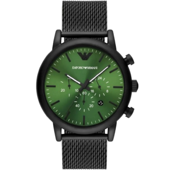 Emporio Armani AR11470 Luigi Men’s Chronograph Watch – Green Dial, Black Stainless Steel Strap, 46mm Quartz
