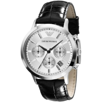 Emporio Armani Renato Uni Men's Watch AR2436 - Silver Dial, Black Genuine Leather Strap, 39mm