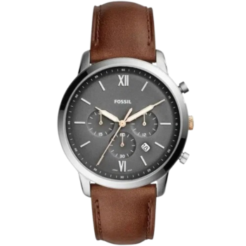 Fossil Neutra FS5408 Men's Analog Watch - 44mm Grey Dial with Brown Leather Strap