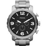 Fossil Nate JR1353 Men's Analog Watch - 50mm Black Dial with Silver Stainless Steel Strap