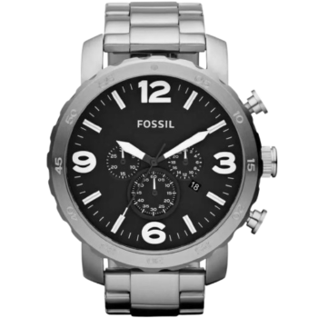 Fossil Nate JR1353 Men’s Analog Watch – 50mm Black Dial with Silver Stainless Steel Strap