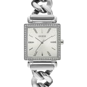 Guess W1030L1 Silver-Tone Crystal-Accented Women’s Watch - White Square Dial, Stainless Steel Bracelet, 28mm Quartz