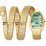 Original Just Cavalli Women's JC1L226M0035 Quartz Watch - Signature Snake Design, Green & Silver Dial, Gold Stainless Steel Bracelet