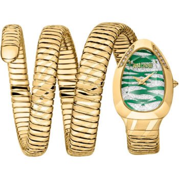 Original Just Cavalli Women’s JC1L226M0035 Quartz Watch – Signature Snake Design, Green & Silver Dial, Gold Stainless Steel Bracelet