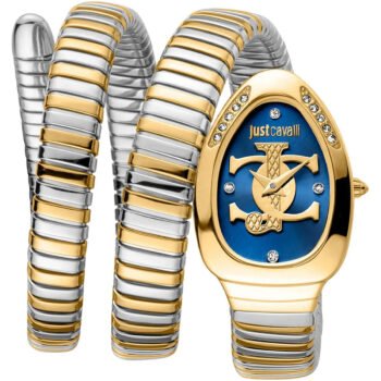 Original Just Cavalli Women's JC1L228M0075 Quartz Watch - Signature Snake Design, Blue Dial & Two-Tone Stainless Steel Bracelet