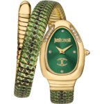 Original Just Cavalli JC1L251M0035 Women's Signature Snake Watch - Full Green Stainless Steel Bracelet with Green Dial, Oval Luxury Quartz Timepiece