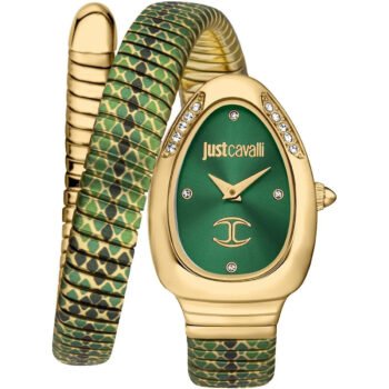 Original Just Cavalli JC1L251M0035 Women's Signature Snake Watch - Full Green Stainless Steel Bracelet with Green Dial, Oval Luxury Quartz Timepiece