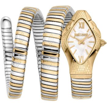 Original Just Cavalli JC1L307M0055 Women's Cristallo Watch - Two-Tone Stainless Steel Bracelet with White Dial, Rhombus Luxury Quartz Timepiece