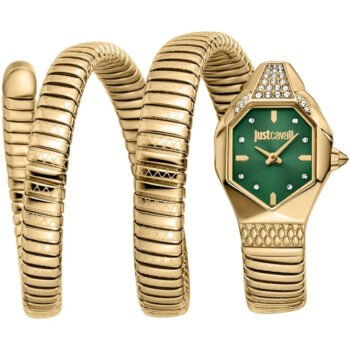 Original Just Cavalli Women’s JC1L370M0035 Quartz Watch – Signature Snake Design, Green Dial & Gold Stainless Steel Bracelet