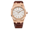 Audemars Piguet Royal Oak 41 Rose Gold Silver Dial Smooth Bezel Leather Strap