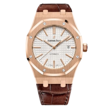 Audemars Piguet Royal Oak 41 Rose Gold Silver Dial Smooth Bezel Leather Strap