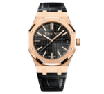 Audemars Piguet Royal Oak 41 Rose Gold Black Dial Smooth Bezel Leather Strap