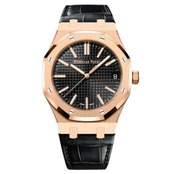 Audemars Piguet Royal Oak 41 Rose Gold Black Dial Smooth Bezel Leather Strap