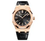 Audemars Piguet Royal Oak 41 Rose Gold Black Dial Smooth Bezel Leather Strap
