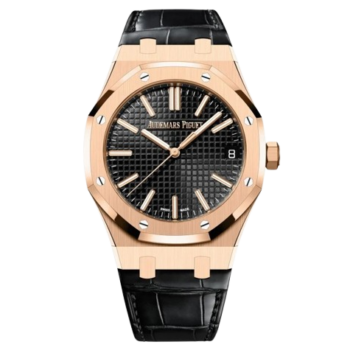 Audemars Piguet Royal Oak 41 Rose Gold Black Dial Smooth Bezel Leather Strap